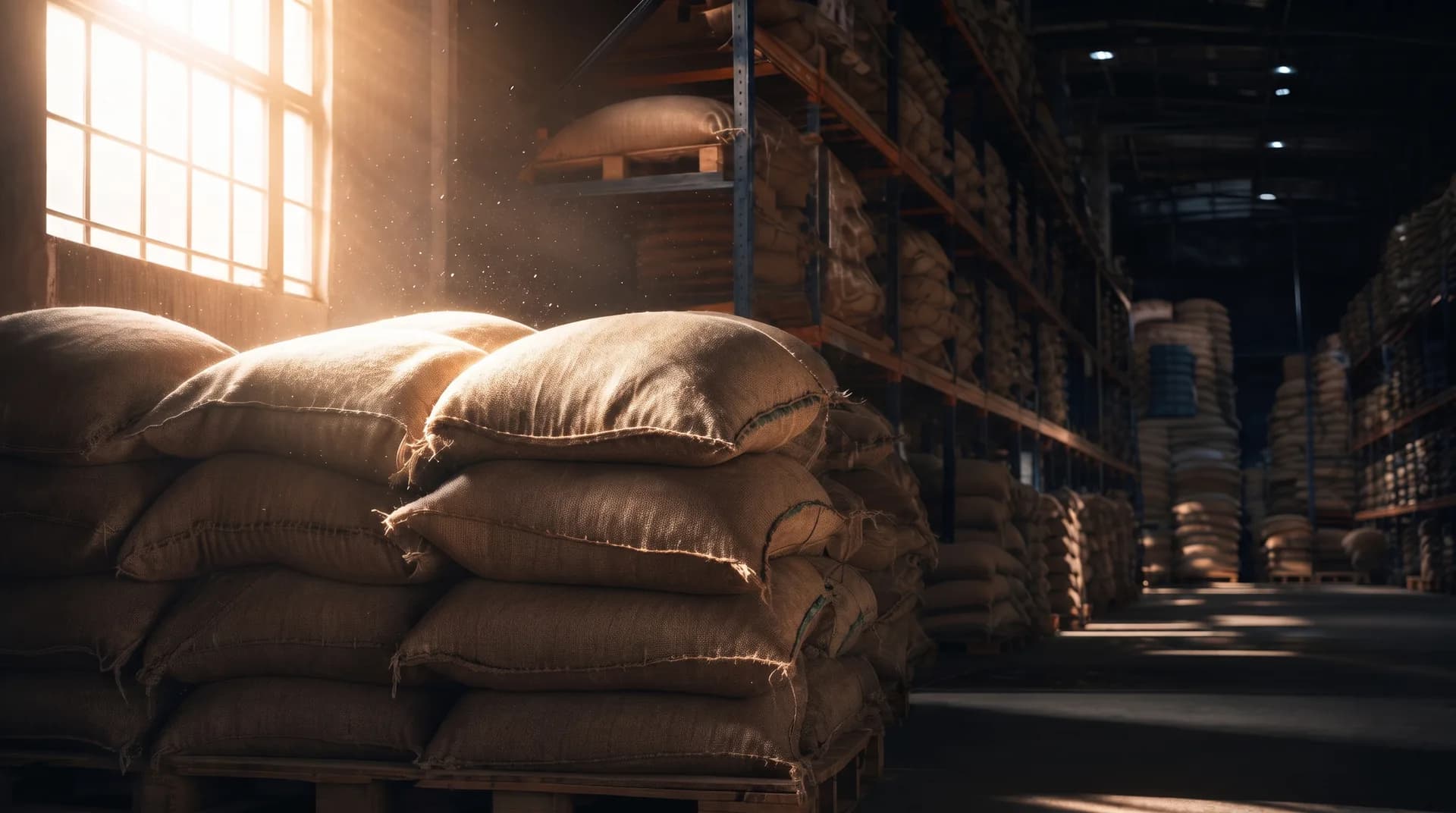 Stacked green coffee sacks in warehouse light